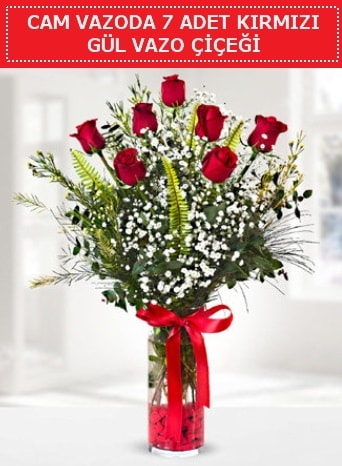 Cam vazoda 7 adet kırmızı gül çiçeği  Kırklareli uluslararası çiçek gönderme 