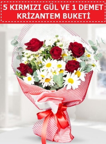 5 adet kırmızı gül ve krizantem buketi  Kırklareli çiçek online çiçek siparişi 